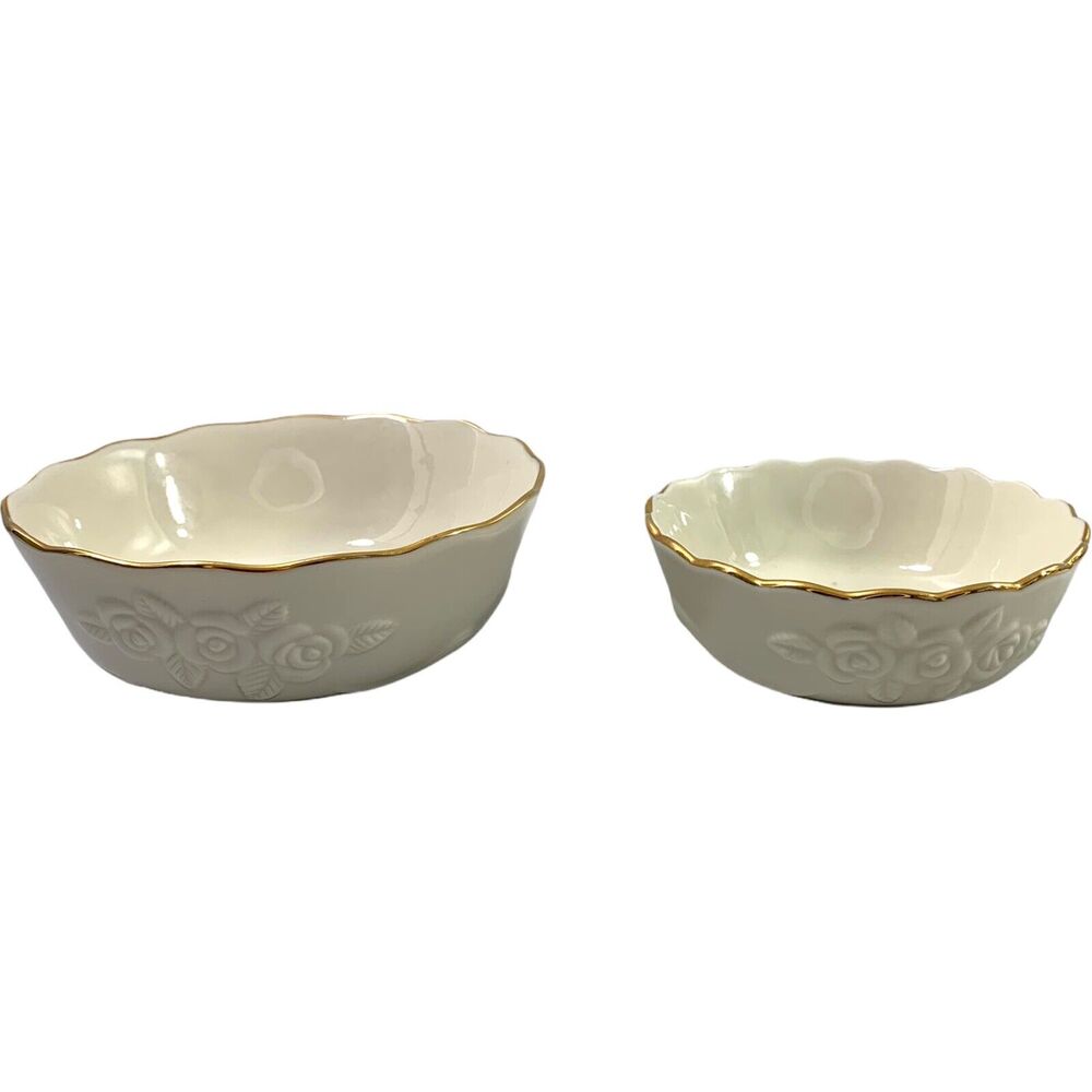 2 Lenox Bowls Ivory Embossed Rose Floral Scalloped Edge‎ Handcraft Goldtone Trim
